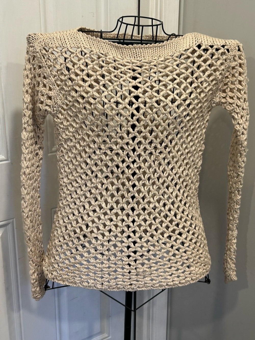 Les Copains Blue Open Knit Y2K Crochet Sweater Ivory Italian Casual Luxury Sz 42